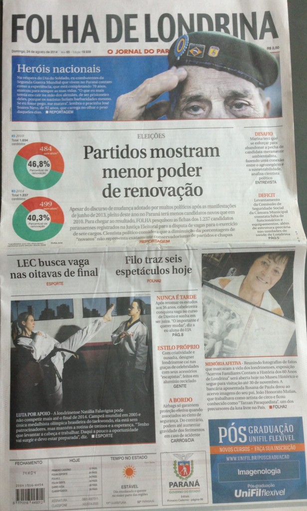 Capa da edição impressa da Folha de domingo, 25/08/14