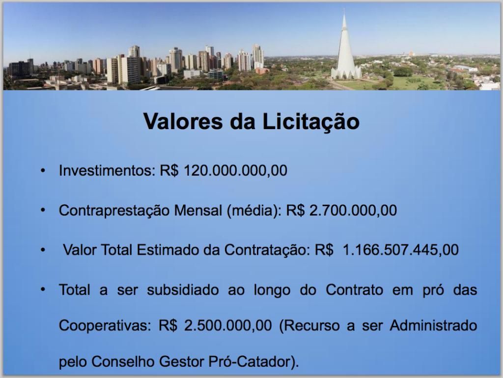 Slide da apresentação da PPP do lixo pela Prefeitura de Maringá: custo mensal estimado de R$ 2,7 milhões